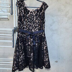 Betsy & Adam Black Lace Fit & Flare Dress with Tan (Nude-Look) Lining - Size 16W